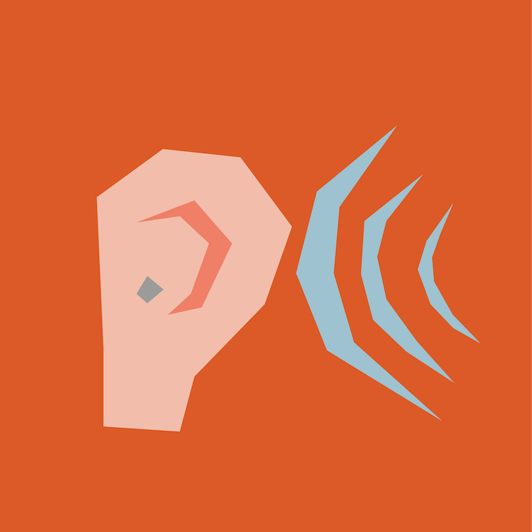 Illustrated ear and sound waves on an orange background
