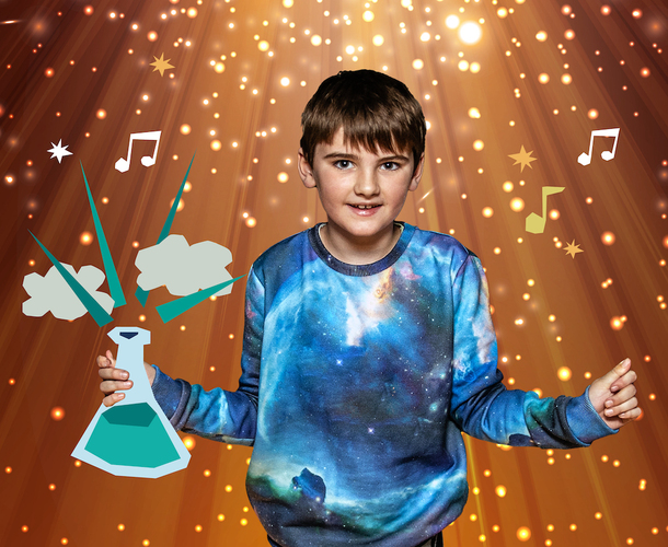 Science show promotional image showing a boy holding a science beaker with sparks flying out of it.