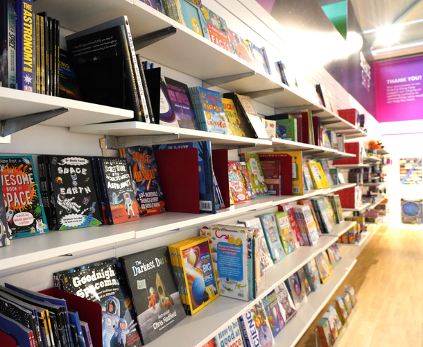 Science Shop photo of bookshelves full of science-related children's books