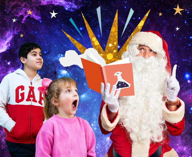 Christmas event promotional image showing two children looking amazed while Santa reads an explosive story.