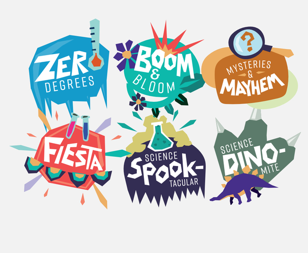 Six brightly coloured event logos
