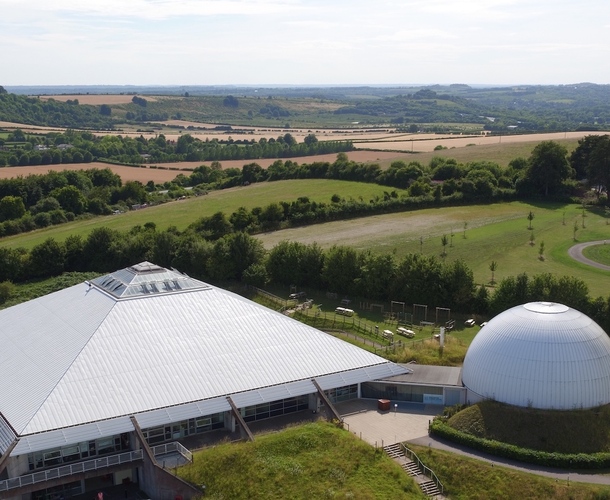 An aerial view of the South Downs National Park surrounding Winchester Science Centre and Planetarium