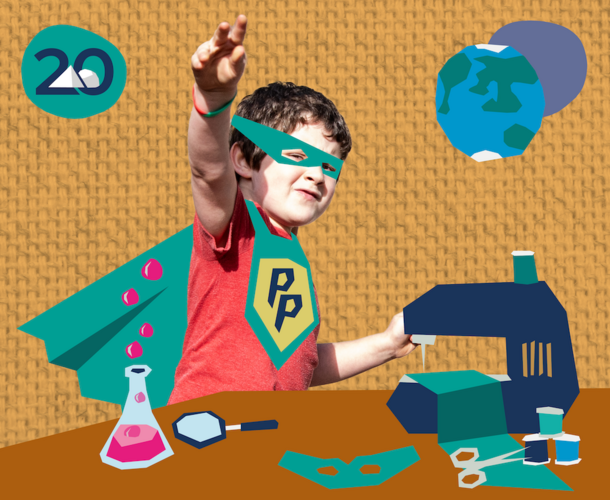 Science show promotional image showing a boy in a superhero outfit with his hand in the air