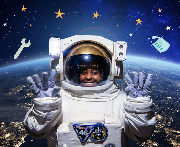 Christmas event promotional image showing a person in an astronaut suit surrounded by floating objects in space.