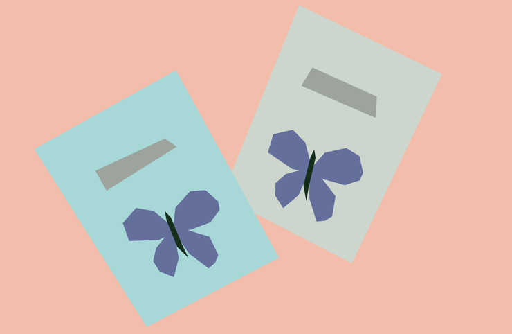 Illustrated playing cards with butterflies on, on a pink background