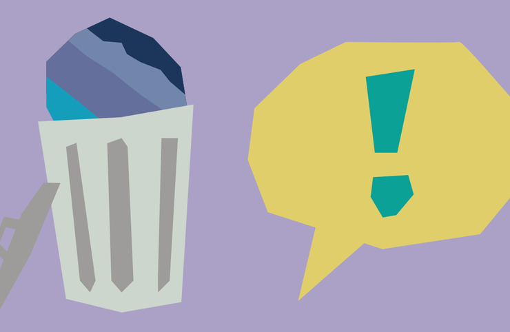 Illustrated bin with a planet inside and a speech bubble on a purple background