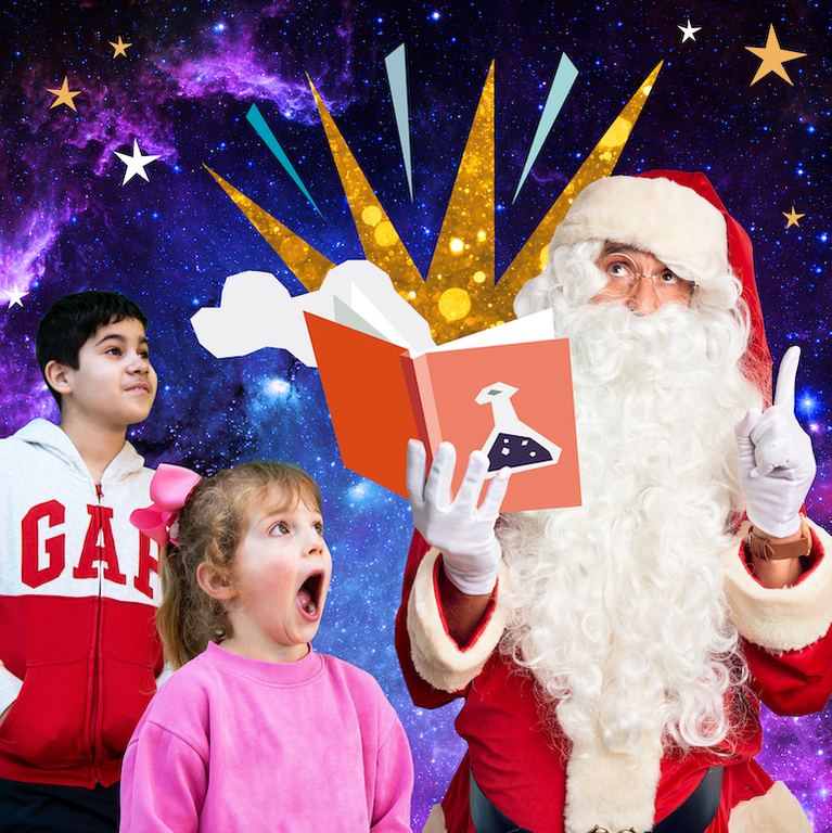 Christmas event promotional image showing two children looking amazed while Santa reads an explosive story.