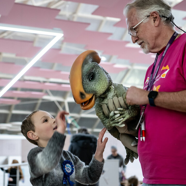 A little boy strokes a puppet dinosaur held by a man in a pink t-shirt