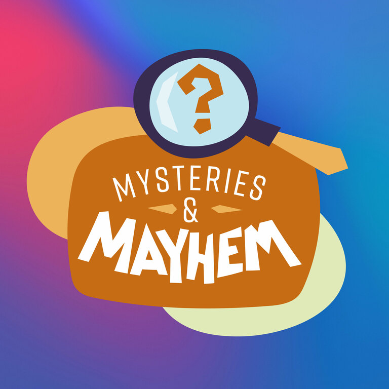 A logo that says Mysteries & Mayhem