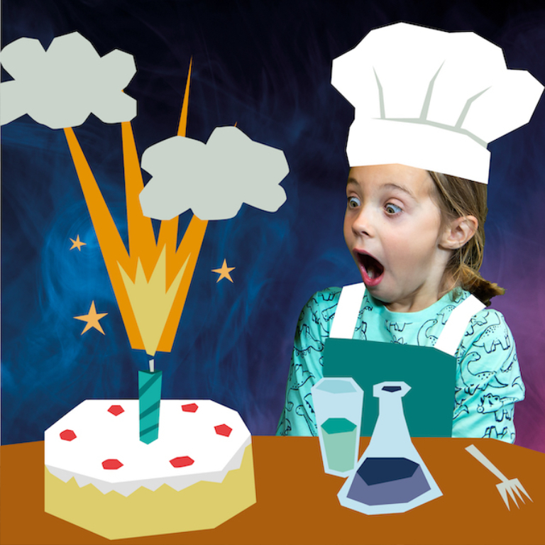 Science show promotional image showing a girl excited to see an exploding candle on a birthday cake