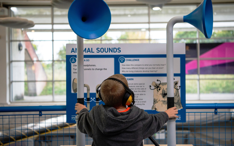 Interactive science exhibition photo showing a young boy with headphones on engaging with an exhibit about animal sounds