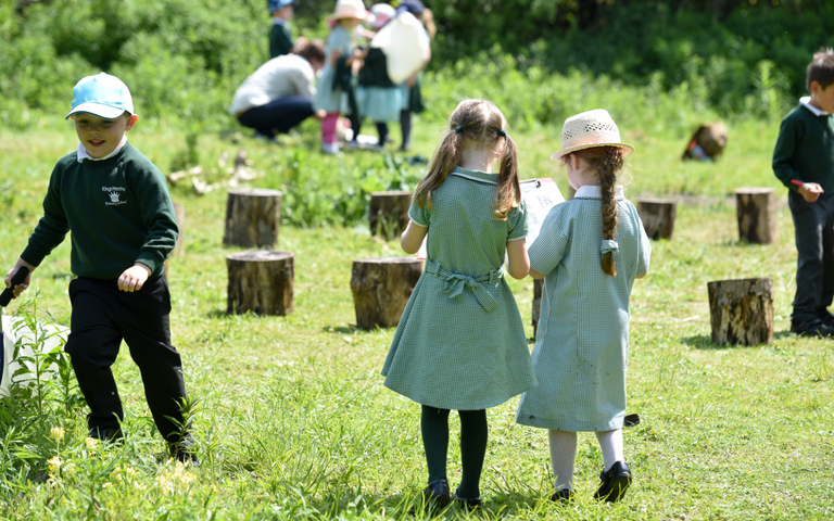 School children looking for bugs at the Butterfly Conservation reserve in Winchester