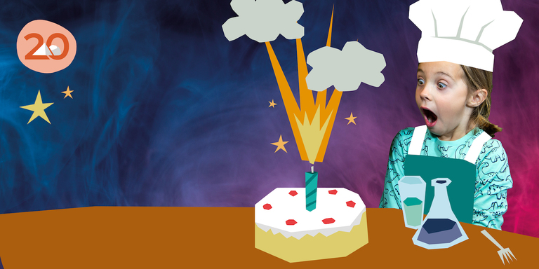 Science show promotional image showing a girl excited to see an exploding candle on a birthday cake
