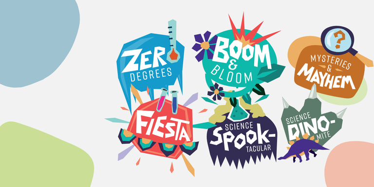 Six brightly coloured event logos