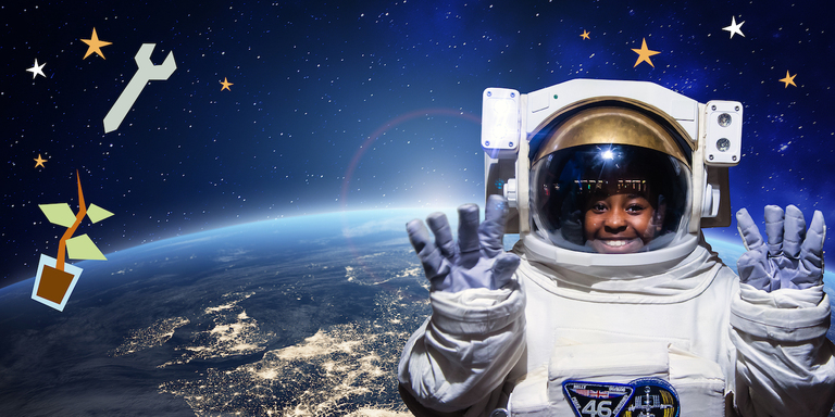 Christmas event promotional image showing a person in an astronaut suit surrounded by floating objects in space.