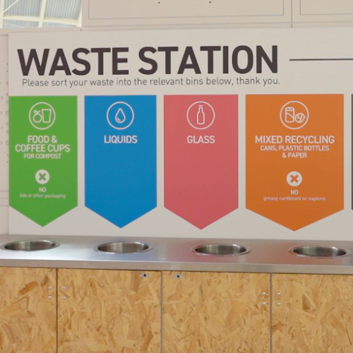 A waste station showing different bins for different types of waste