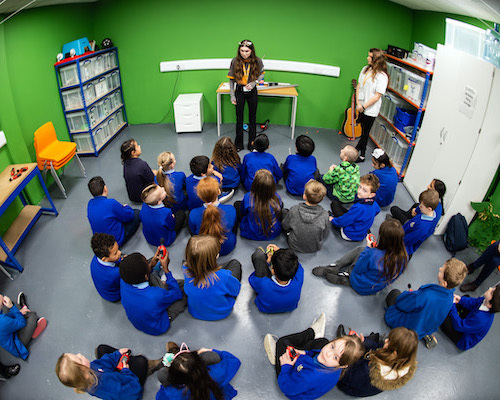 A photo taken from above of a class of school children sitting on the floor listening to the presenter at the front of the classroom