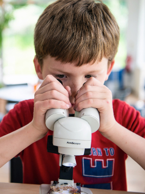 A young boy looking through a microscope at a specimen on a petri dish