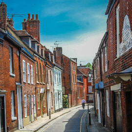 A narrow street of houses