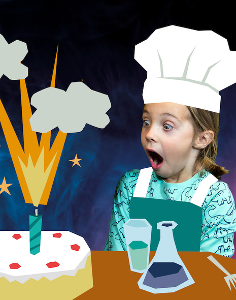 Science show promotional image showing a girl excited to see an exploding candle on a birthday cake