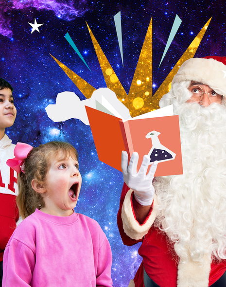 Christmas event promotional image showing two children looking amazed while Santa reads an explosive story.