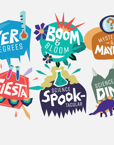 Six brightly coloured event logos